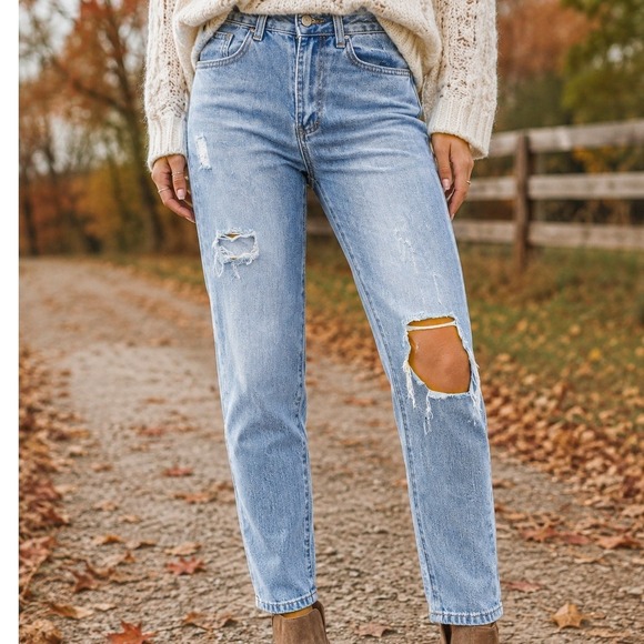 SHEIN Denim - SHEIN Womens High Waisted Distressed Mom Jeans Light Wash Blue Ripped XS Crop